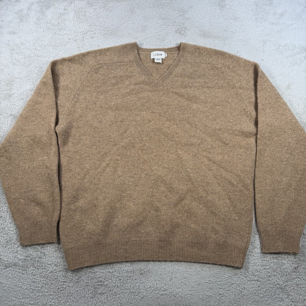 J Crew Sweater Mens 2XL Brown Tan 100% Lambswool V-Neck Pullover Soft - Picture 1 of 6